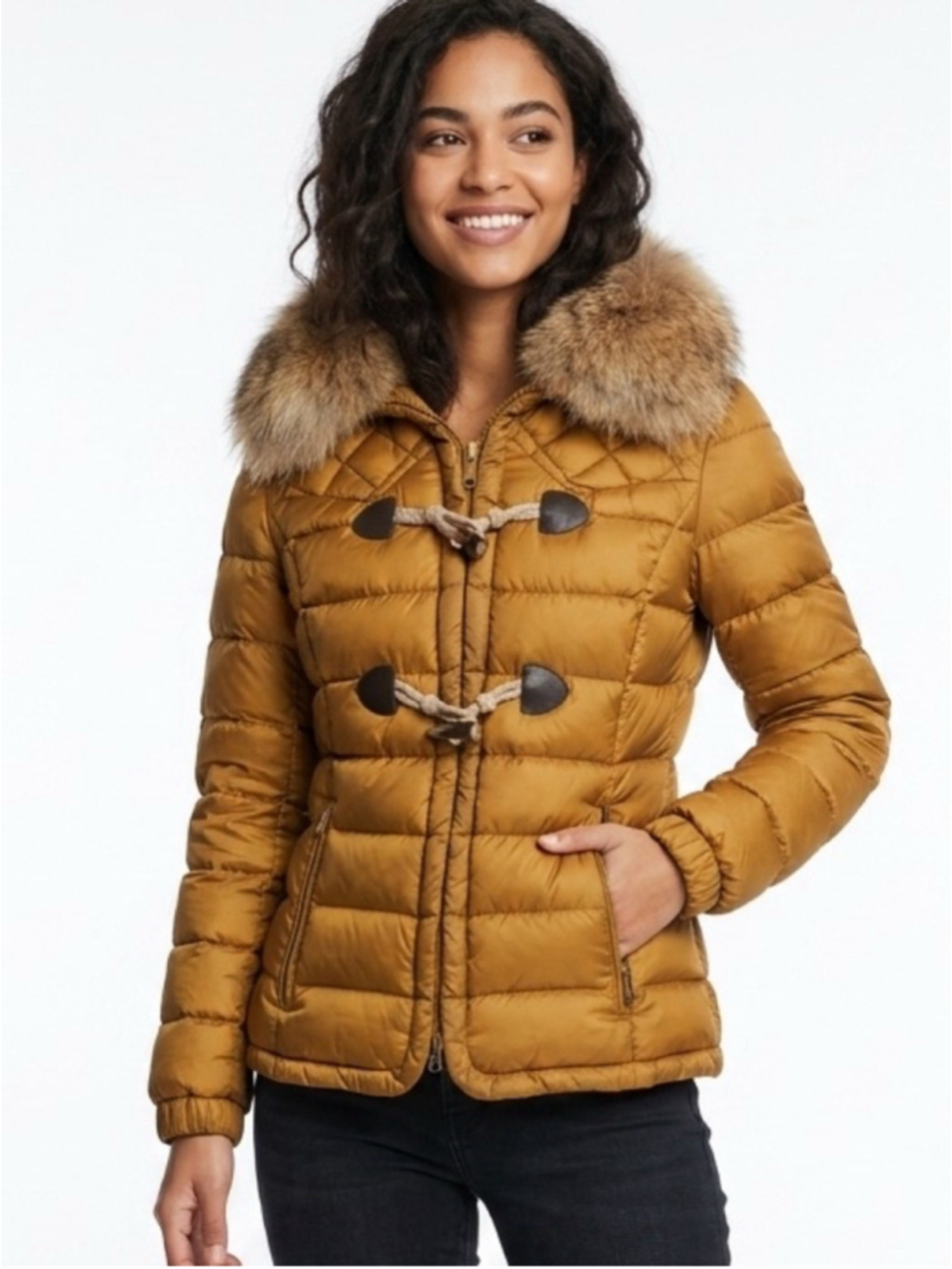 Women's Napapijri Mustard Gold Quilted Down Puffer Jacket Fur Hood Toggle Medium